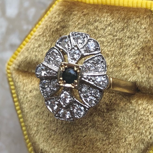 Art Deco Sapphire Ring Yellow Gold Lab Diamond Halo Vintage Ring - Picture 4 of 11